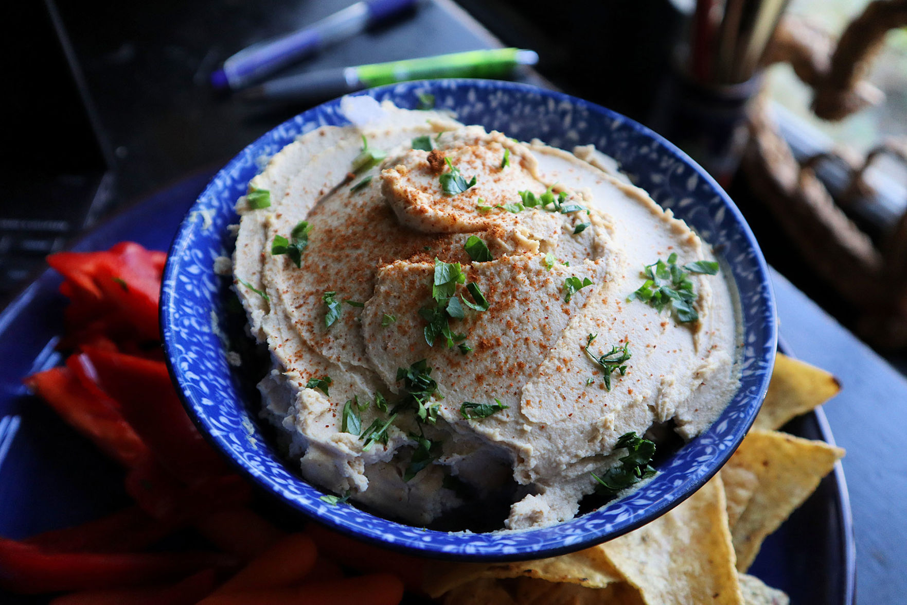Hummus, a creamy Middle Eastern dip made with chickpeas and tahini paste, is perfect for mindless dipping.